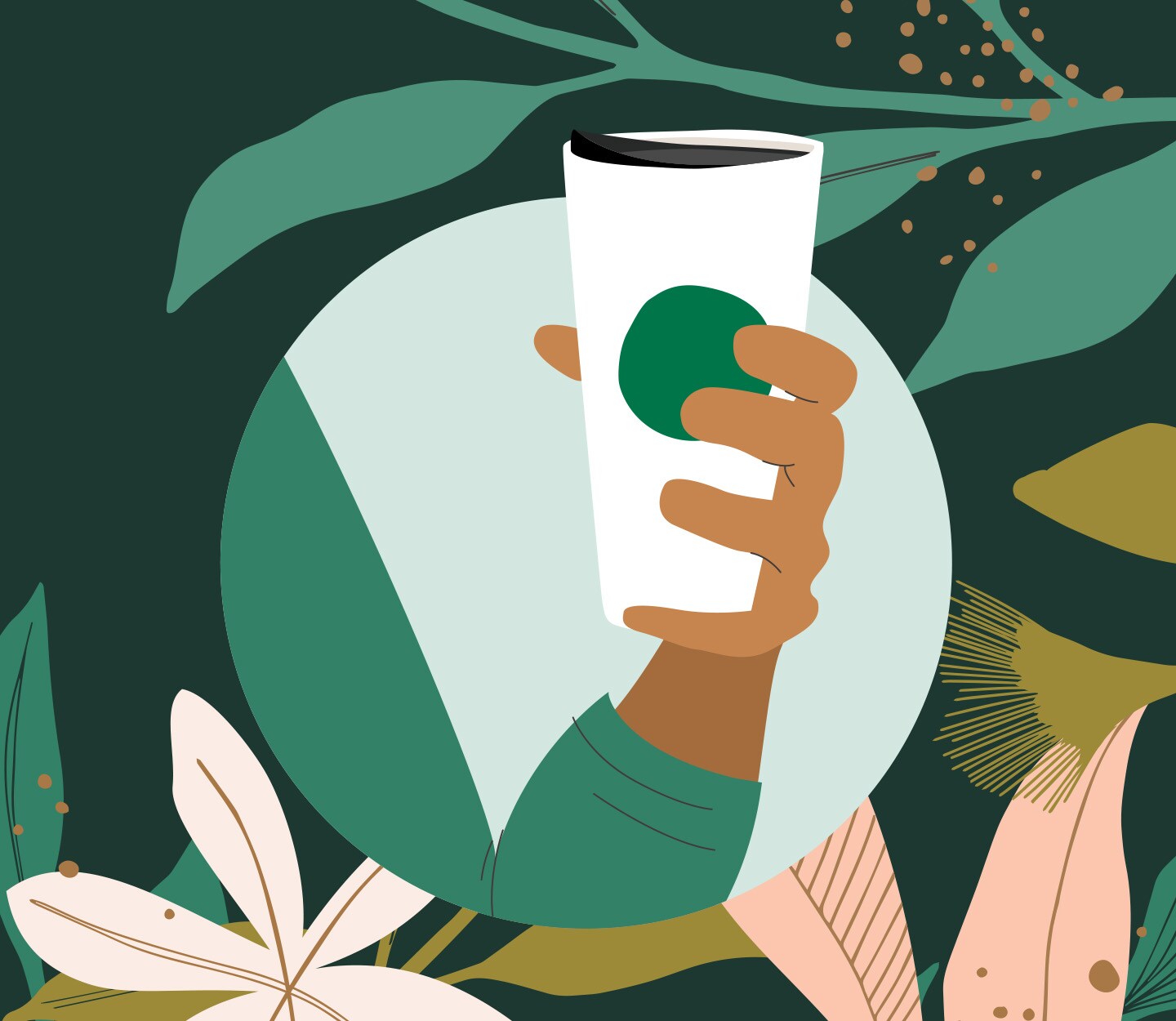 An illustration of a hand holding a reusable Starbucks cup, surrounded by colorful flowers and plants.