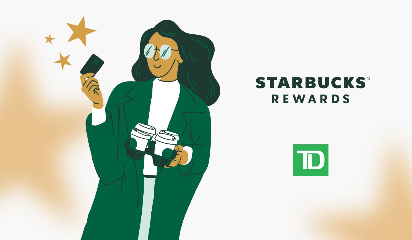Person holding starbucks and payment card with stars in background (illustration)